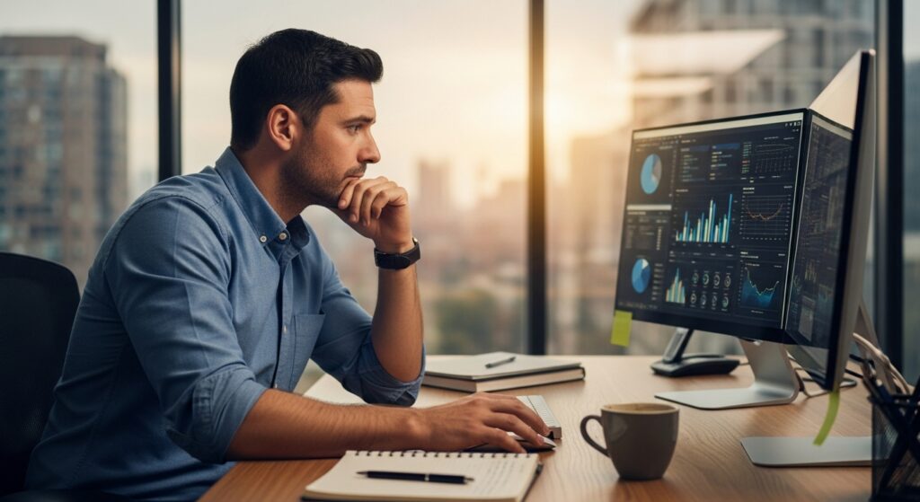 Analista de dados masculino em perfil, concentrado enquanto observa um dashboard de Business Intelligence em monitores duplos. A tela exibe gráficos financeiros, indicadores de performance e métricas em tempo real em um escritório moderno com vista para a cidade ao pôr do sol.