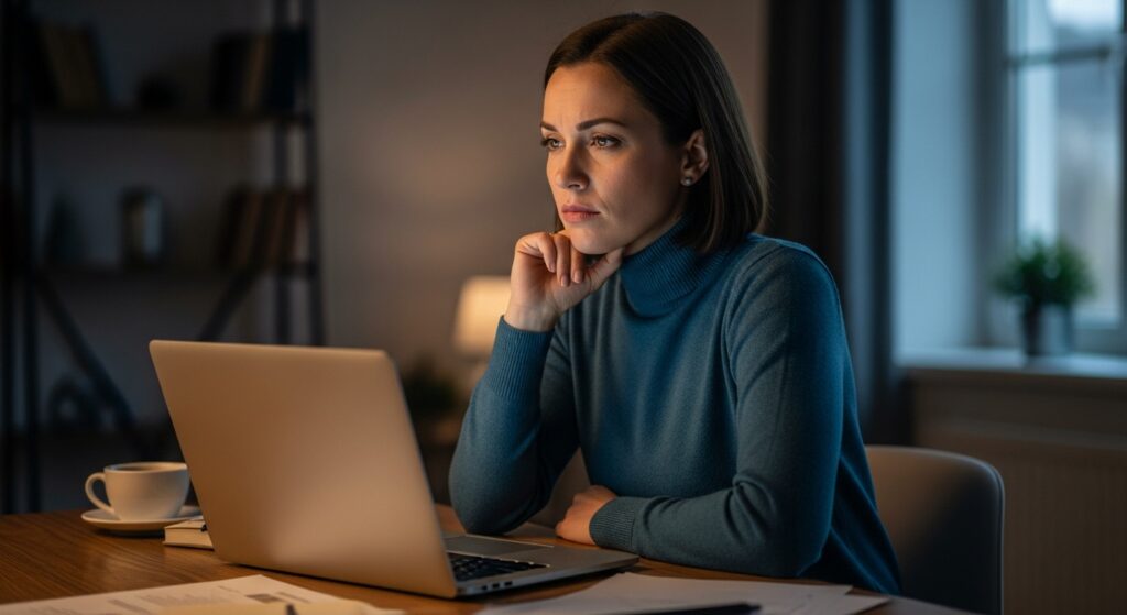 Mulher jovem sentada à mesa de trabalho em casa durante a noite, com expressão pensativa e focada enquanto olha para a tela de um laptop. Ambiente com iluminação suave e quente, sugerindo produtividade noturna e equilíbrio entre vida pessoal e profissional