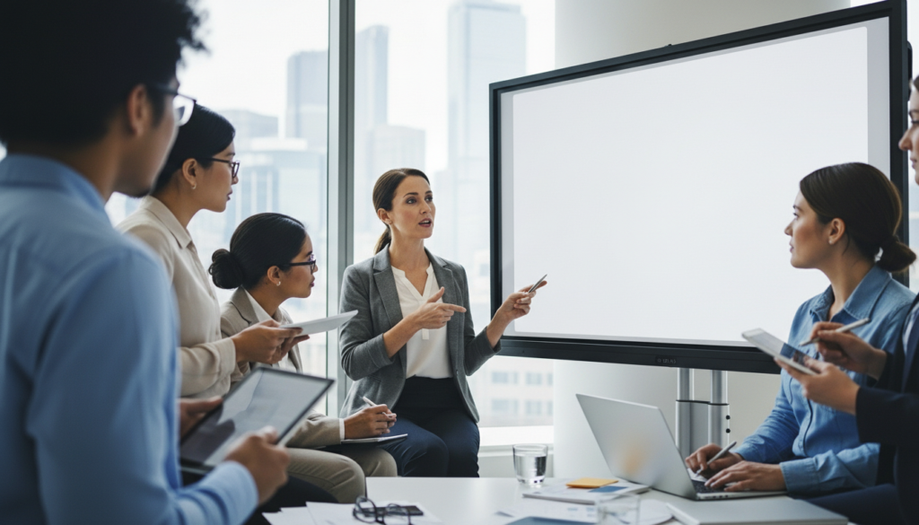 Um gestor em um blazer cinza lidera uma reunião estratégica em uma sala de conferências moderna com janelas amplas e vista para a cidade. Ele gesticula com as mãos enquanto explica um conceito para sua equipe de cinco profissionais diversos, que o escutam atentamente com cadernos e notebooks. A imagem transmite autoridade, colaboração e clareza na comunicação empresarial.
