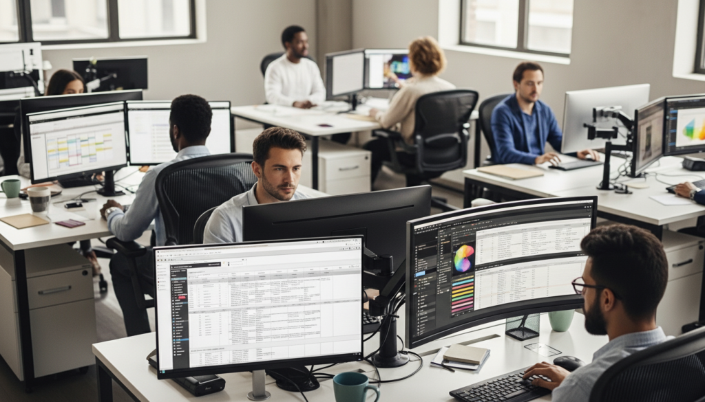 Visão ampla de um escritório moderno e iluminado onde vários profissionais trabalham em estações individuais equipadas com monitores duplos e telas ultra-wide. No primeiro plano, um desenvolvedor foca em códigos e planilhas em um monitor curvo, enquanto ao fundo outros colegas interagem em suas mesas. O ambiente transmite produtividade, alta tecnologia e colaboração corporativa.