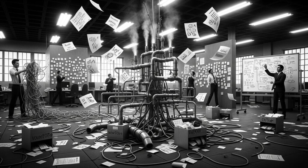 Uma imagem surrealista em preto e branco ilustrando um escritório em total caos organizacional. No centro, uma complexa estrutura de canos industriais libera vapor, simbolizando um sistema ineficiente e 'sob pressão'. Papeis com anotações flutuam pelo ar e cobrem o chão. Funcionários em trajes de escritório tentam lidar com o desastre: um desembaraça um emaranhado gigante de cabos, outros olham atônitos para quadros repletos de post-its e anotações confusas. A cena representa a sobrecarga de trabalho e a burocracia excessiva.