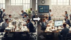 Uma comparação visual do tipo 'antes e depois' de um escritório corporativo. Do lado esquerdo, o cenário é de desorganização, com funcionários estressados e excesso de papéis. Do lado direito, após a intervenção de gestão, o ambiente aparece organizado, calmo e digitalizado, com foco em metas claras no whiteboard e análise de dados em monitores. Uma seta branca ao centro indica a transição para a eficiência operacional.