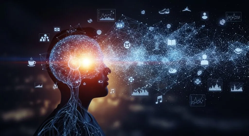 Ilustração conceitual de uma silhueta humana de perfil com um cérebro digital brilhante em destaque. Feixes de dados e conexões neurais luminosas saem da mente, conectando-se a ícones flutuantes de música, café, gráficos e comunicação, simbolizando a integração da Inteligência Artificial no cotidiano e a expansão da capacidade cognitiva humana