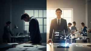 Uma imagem dividida verticalmente ao meio. O lado esquerdo, em tons frios e sombrios, mostra um homem de terno cabisbaixo e exausto em um escritório desorganizado. O lado direito, banhado por uma luz solar quente e clara, mostra o mesmo homem de pé, confiante e renovado, operando uma mesa digital holográfica com gráficos e dados fluidos. A imagem simboliza a transição do burnout para a alta performance auxiliada pela automação e clareza mental