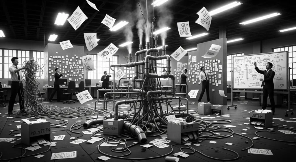 Uma imagem surrealista em preto e branco ilustrando um escritório em total caos organizacional. No centro, uma complexa estrutura de canos industriais libera vapor, simbolizando um sistema ineficiente e 'sob pressão'. Papeis com anotações flutuam pelo ar e cobrem o chão. Funcionários em trajes de escritório tentam lidar com o desastre: um desembaraça um emaranhado gigante de cabos, outros olham atônitos para quadros repletos de post-its e anotações confusas. A cena representa a sobrecarga de trabalho e a burocracia excessiva.