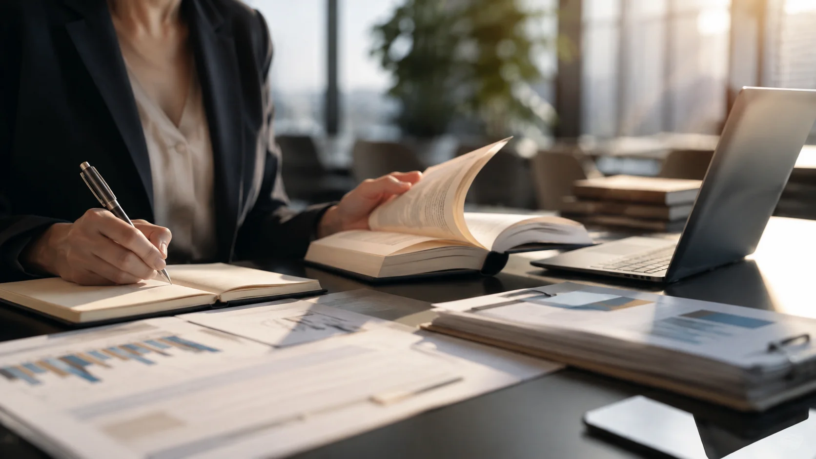 Profissional fazendo anotações em um caderno sobre uma mesa de trabalho